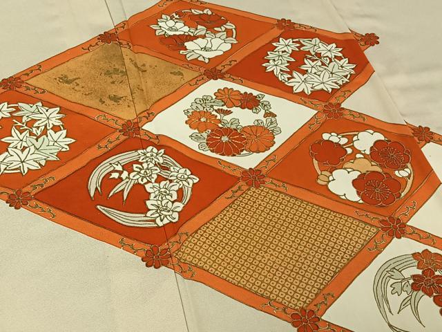 平和屋着物▽訪問着　単衣　駒刺繍　菱花文　金彩　正絹　逸品　AABF0784jh