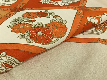 平和屋着物▽訪問着　単衣　駒刺繍　菱花文　金彩　正絹　逸品　AABF0784jh