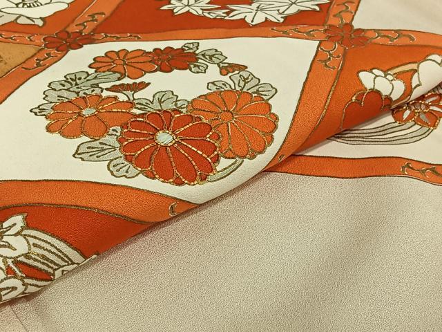 平和屋着物▽訪問着　単衣　駒刺繍　菱花文　金彩　正絹　逸品　AABF0784jh
