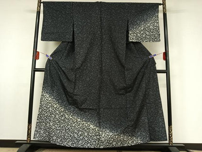 平和屋着物▽訪問着 単衣 紬地 更紗花文 黒地 正絹 逸品 AABF0785jh