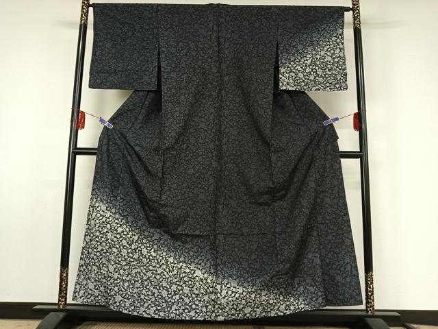 平和屋着物▽訪問着 単衣 紬地 更紗花文 黒地 正絹 逸品 AABF0785jh
