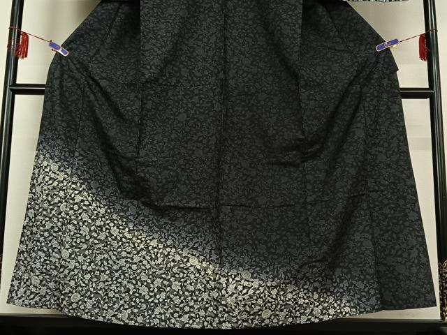平和屋着物▽訪問着 単衣 紬地 更紗花文 黒地 正絹 逸品 AABF0785jh