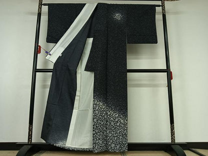 平和屋着物▽訪問着 単衣 紬地 更紗花文 黒地 正絹 逸品 AABF0785jh