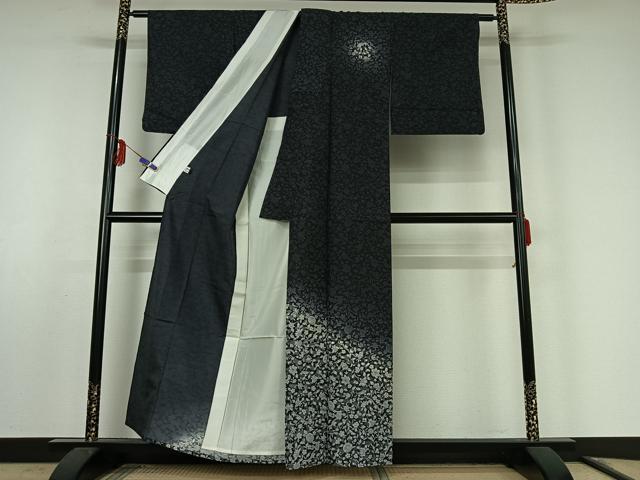 平和屋着物▽訪問着 単衣 紬地 更紗花文 黒地 正絹 逸品 AABF0785jh