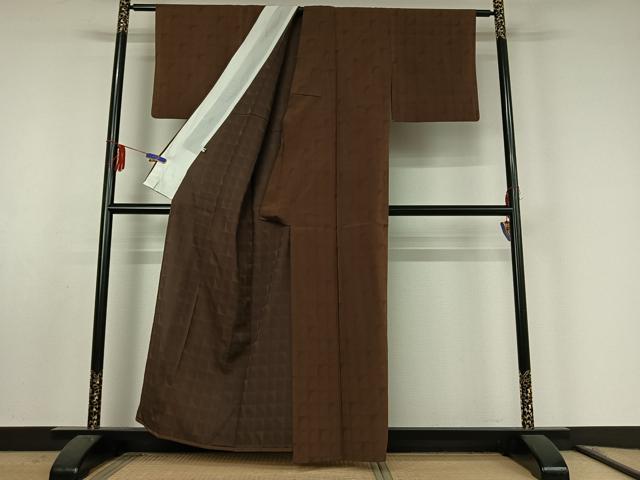 平和屋着物▽お召　単衣　幾何学文様　正絹　逸品　AABF0791jh