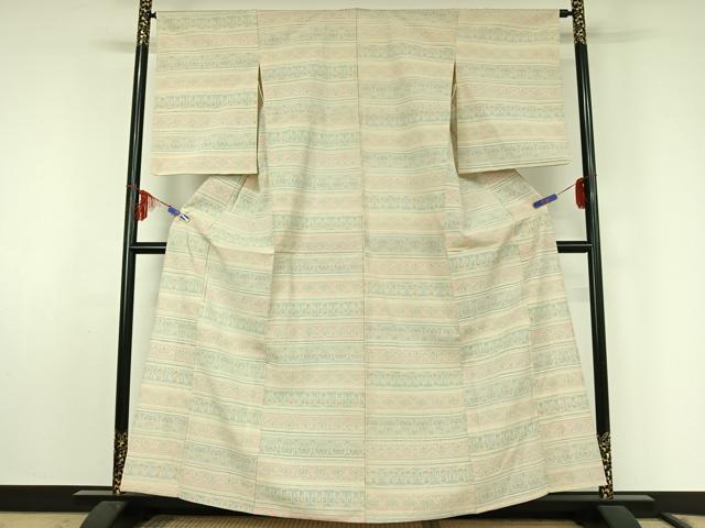 平和屋着物▽本塩沢 単衣 横段花文 正絹 逸品 AABF0793jh