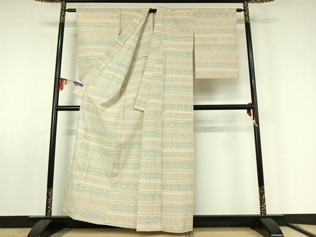 平和屋着物▽本塩沢 単衣 横段花文 正絹 逸品 AABF0793jh
