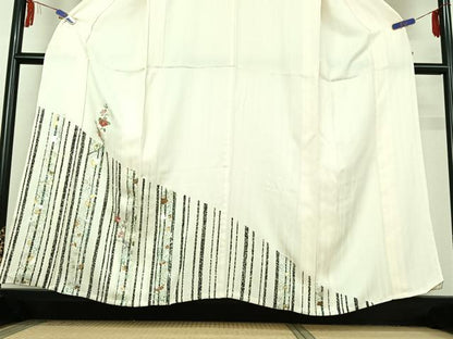 平和屋着物▽訪問着 単衣 刺繍 枝花文 金銀彩 金糸 正絹 逸品 AABF0797jh
