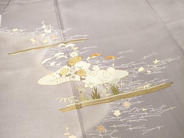 平和屋着物●訪問着　友禅　駒刺繍　流水花文　金彩　正絹　逸品　AABF0889ck 平和屋着物○訪問着 友禅 駒刺繍 流水花文 金彩 正絹 逸品 AABF0889ck