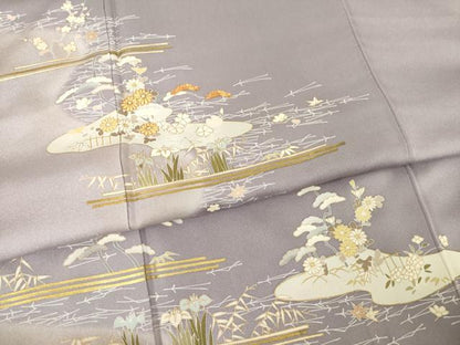 平和屋着物●訪問着　友禅　駒刺繍　流水花文　金彩　正絹　逸品　AABF0889ck