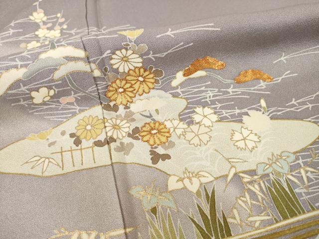 平和屋着物●訪問着　友禅　駒刺繍　流水花文　金彩　正絹　逸品　AABF0889ck 平和屋着物○訪問着 友禅 駒刺繍 流水花文 金彩 正絹 逸品 AABF0889ck
