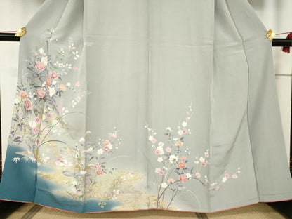 平和屋着物●訪問着　友禅　流水鴛鴦花文　暈し染め　金彩　正絹　逸品　AABF0890ck