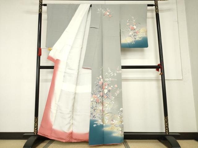 平和屋着物●訪問着　友禅　流水鴛鴦花文　暈し染め　金彩　正絹　逸品　AABF0890ck