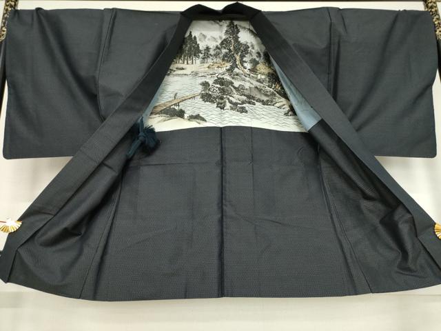 平和屋着物●男性　本場大島紬　アンサンブル　長襦袢(無双仕立て)セット　格子　反端付き　正絹　逸品　AABF0911ck 平和屋着物○男性 本場大島紬 アンサンブル 長襦袢(無双仕立て)セット