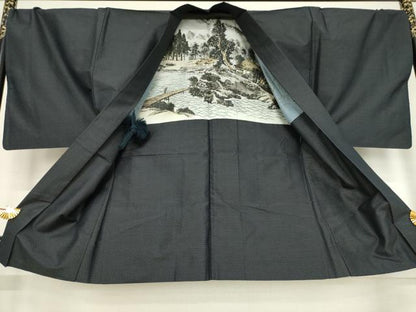 平和屋着物●男性　本場大島紬　アンサンブル　長襦袢(無双仕立て)セット　格子　反端付き　正絹　逸品　AABF0911ck