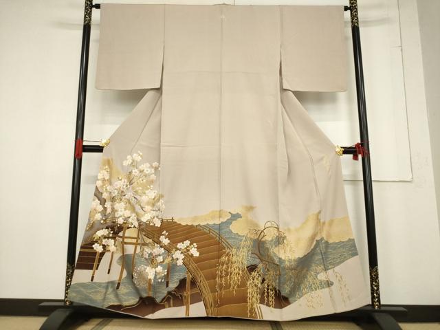 平和屋着物●皇室デザイナー　中村乃武夫　色留袖　駒刺繍　渡り橋枝垂れ花文　金彩　正絹　逸品　AABF0917ck 平和屋着物○皇室デザイナー 中村乃武夫 色留袖 駒刺繍 渡り橋枝垂れ花