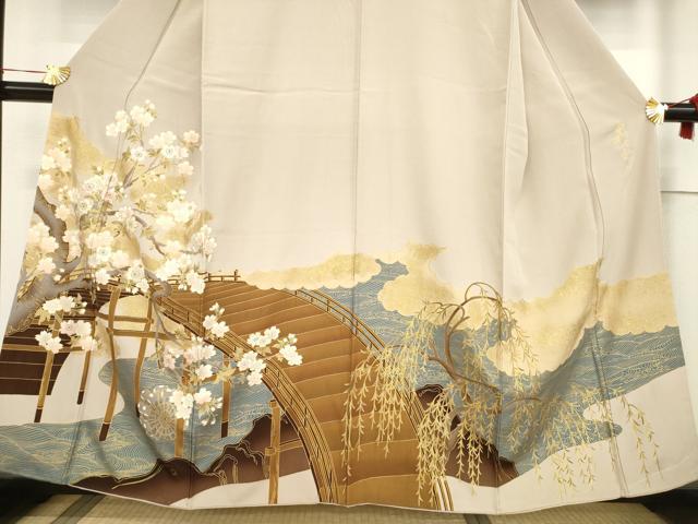 平和屋着物●皇室デザイナー　中村乃武夫　色留袖　駒刺繍　渡り橋枝垂れ花文　金彩　正絹　逸品　AABF0917ck 平和屋着物○皇室デザイナー 中村乃武夫 色留袖 駒刺繍 渡り橋枝垂れ花