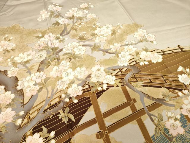 平和屋着物●皇室デザイナー　中村乃武夫　色留袖　駒刺繍　渡り橋枝垂れ花文　金彩　正絹　逸品　AABF0917ck