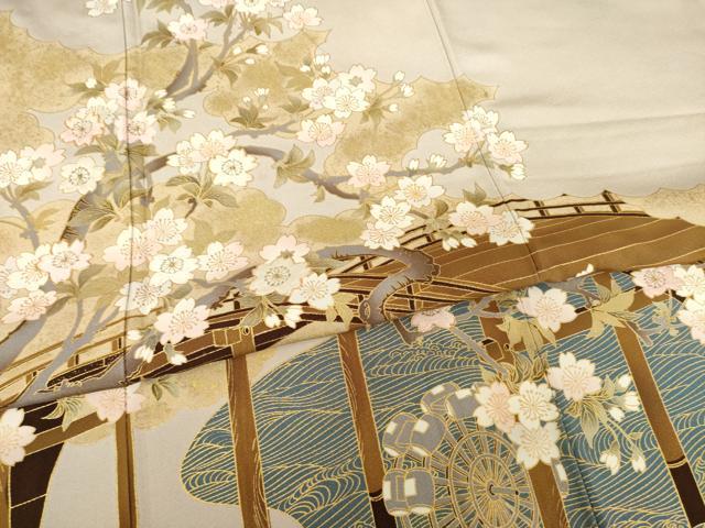 平和屋着物●皇室デザイナー　中村乃武夫　色留袖　駒刺繍　渡り橋枝垂れ花文　金彩　正絹　逸品　AABF0917ck 平和屋着物○皇室デザイナー 中村乃武夫 色留袖 駒刺繍 渡り橋枝垂れ花