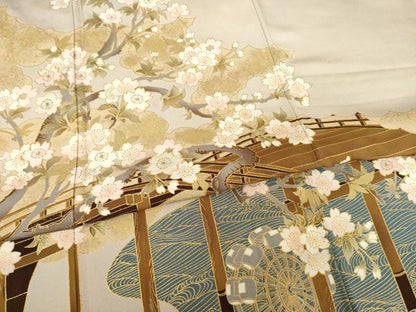 平和屋着物●皇室デザイナー　中村乃武夫　色留袖　駒刺繍　渡り橋枝垂れ花文　金彩　正絹　逸品　AABF0917ck
