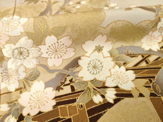 平和屋着物●皇室デザイナー　中村乃武夫　色留袖　駒刺繍　渡り橋枝垂れ花文　金彩　正絹　逸品　AABF0917ck 平和屋着物○皇室デザイナー 中村乃武夫 色留袖 駒刺繍 渡り橋枝垂れ花