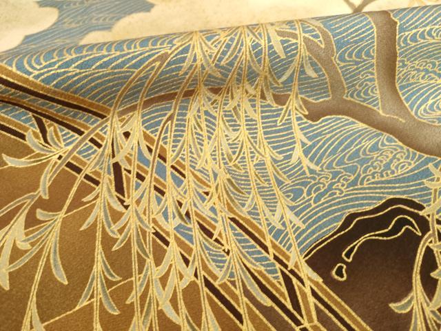 平和屋着物●皇室デザイナー　中村乃武夫　色留袖　駒刺繍　渡り橋枝垂れ花文　金彩　正絹　逸品　AABF0917ck 平和屋着物○皇室デザイナー 中村乃武夫 色留袖 駒刺繍 渡り橋枝垂れ花