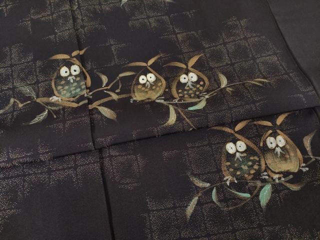 平和屋着物●訪問着　手描き　ミミズク　金彩　正絹　逸品　AABF0920ck