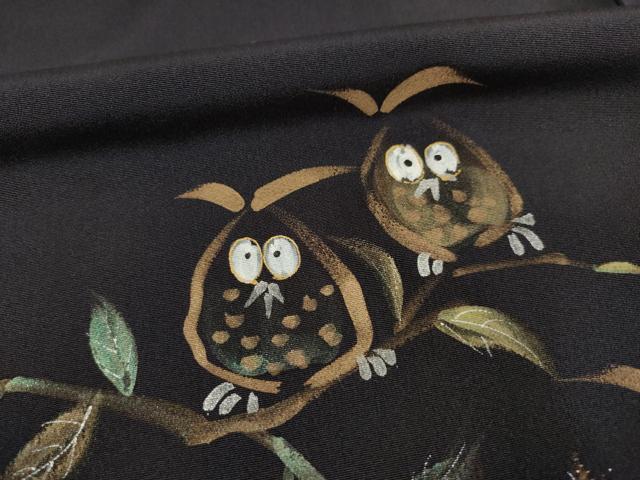 平和屋着物●訪問着　手描き　ミミズク　金彩　正絹　逸品　AABF0920ck 平和屋着物○訪問着 手描き ミミズク 金彩 正絹 逸品 AABF0920ck
