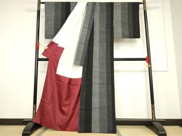 平和屋着物●結城紬　間道　黒地　正絹　逸品　AABF0928ck 平和屋着物○結城紬 間道 黒地 正絹 逸品 AABF0928ck