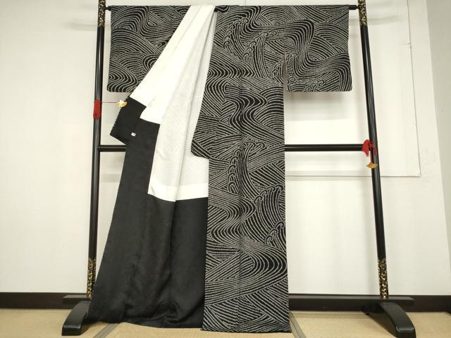 平和屋着物●訪問着　総絞り　立波文　黒地　正絹　逸品　AABF0933ck