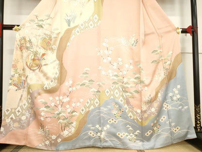 平和屋着物●訪問着　駒刺繍　鳳凰花蝶丸文　金彩　正絹　逸品　AABF0936ck