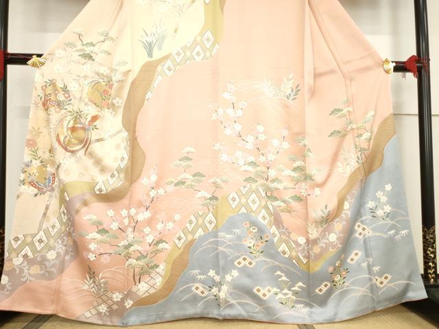 平和屋着物●訪問着　駒刺繍　鳳凰花蝶丸文　金彩　正絹　逸品　AABF0936ck