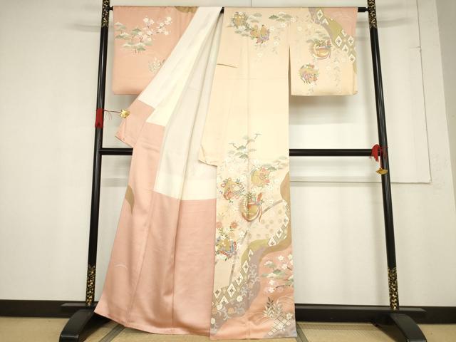 平和屋着物●訪問着　駒刺繍　鳳凰花蝶丸文　金彩　正絹　逸品　AABF0936ck