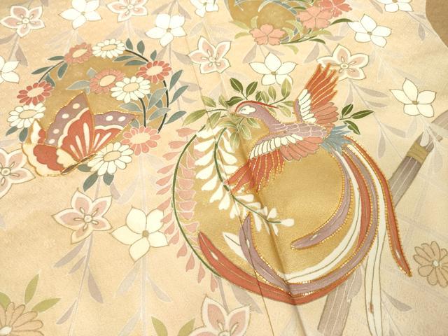 平和屋着物●訪問着　駒刺繍　鳳凰花蝶丸文　金彩　正絹　逸品　AABF0936ck