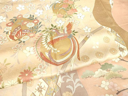 平和屋着物●訪問着　駒刺繍　鳳凰花蝶丸文　金彩　正絹　逸品　AABF0936ck