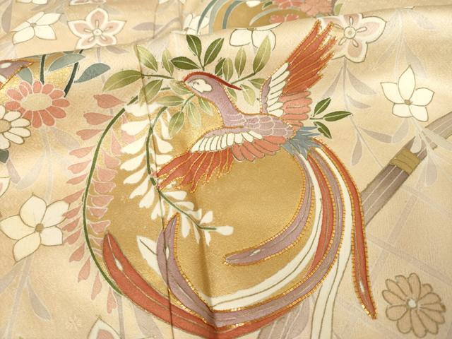 平和屋着物●訪問着　駒刺繍　鳳凰花蝶丸文　金彩　正絹　逸品　AABF0936ck