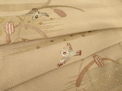 平和屋着物●訪問着　駒刺繍　花鳥文　金彩　正絹　逸品　AABF0939ck