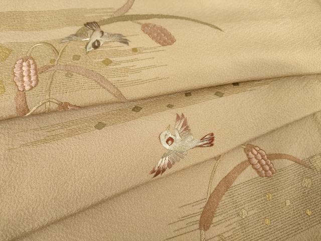 平和屋着物●訪問着　駒刺繍　花鳥文　金彩　正絹　逸品　AABF0939ck