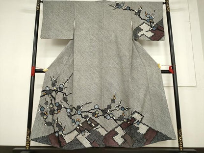 平和屋着物●訪問着　総絞り　枝梅文　黒地　三越扱い　正絹　逸品　AABF0940ck