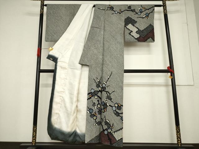 平和屋着物●訪問着　総絞り　枝梅文　黒地　三越扱い　正絹　逸品　AABF0940ck