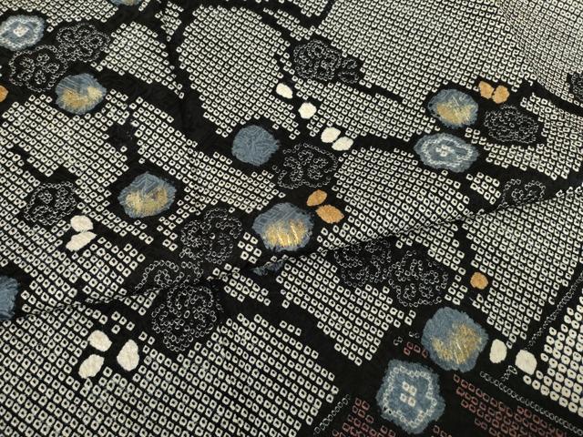 平和屋着物●訪問着　総絞り　枝梅文　黒地　三越扱い　正絹　逸品　AABF0940ck