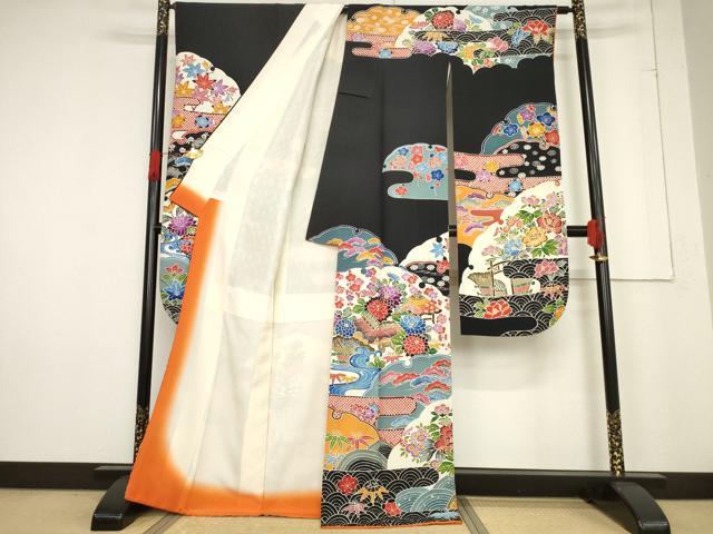 平和屋着物●豪華振袖　紅型　風景花文　黒地　正絹　逸品　AABF0941ck
