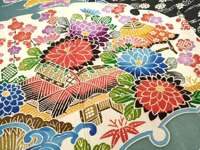平和屋着物●豪華振袖　紅型　風景花文　黒地　正絹　逸品　AABF0941ck
