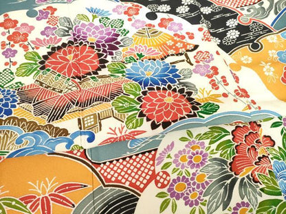 平和屋着物●豪華振袖　紅型　風景花文　黒地　正絹　逸品　AABF0941ck