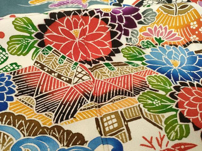 平和屋着物●豪華振袖　紅型　風景花文　黒地　正絹　逸品　AABF0941ck