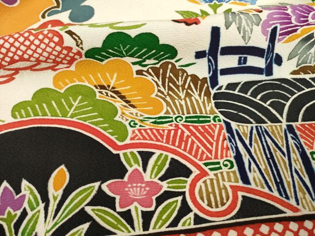 平和屋着物●豪華振袖　紅型　遠山風景花文　正絹　逸品　AABC5672ck 平和屋着物○豪華振袖 紅型 風景花文 黒地 正絹 逸品 AABF0941ck