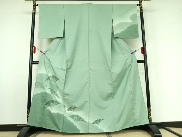 平和屋着物▽訪問着 単衣 紬地 刺繍 雲取り花文 暈し染め 正絹 逸品 AABF0961jh