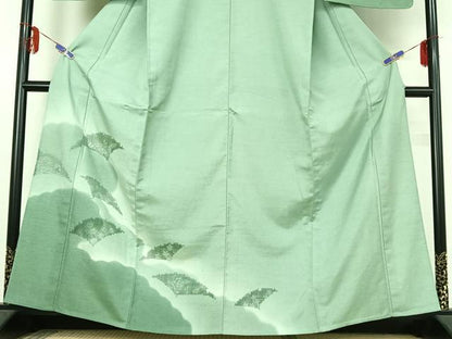 平和屋着物▽訪問着 単衣 紬地 刺繍 雲取り花文 暈し染め 正絹 逸品 AABF0961jh