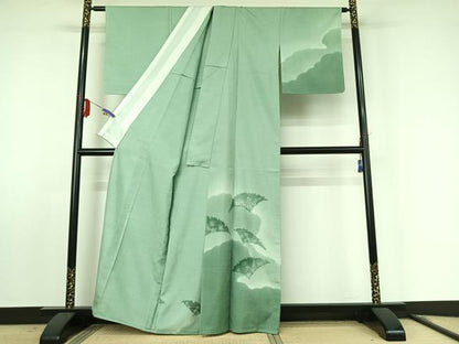 平和屋着物▽訪問着 単衣 紬地 刺繍 雲取り花文 暈し染め 正絹 逸品 AABF0961jh