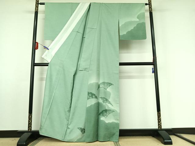 平和屋着物▽訪問着 単衣 紬地 刺繍 雲取り花文 暈し染め 正絹 逸品 AABF0961jh